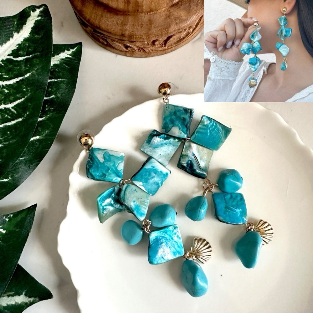 2/$30🌵 Gold Seashell Blue Shell Earrings Clusters Long Beach Jewelry Boho NEW